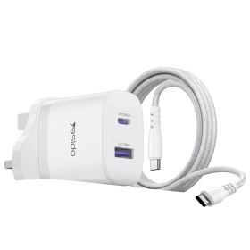 شاحن YESIDO YC154 سريع 35 واط UK مع كابل USB-C – أبيض