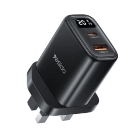 YESIDO YC87 20W Fast Wall Charger with Digital Display, USB-A & USB-C – UK Plug
